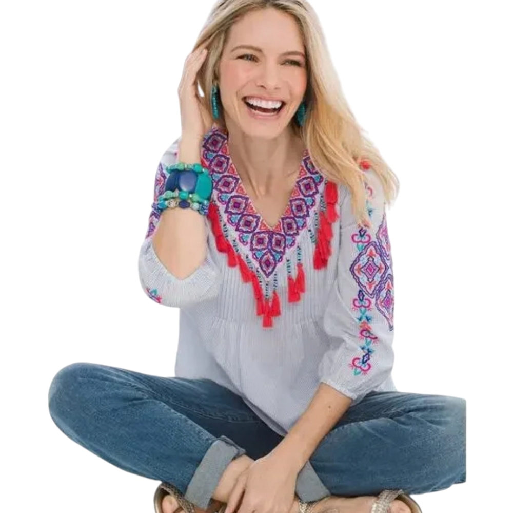 Chicos Top Women Xlarge Peasant Embroidered Striped Boho Embroidered Tasseled XL